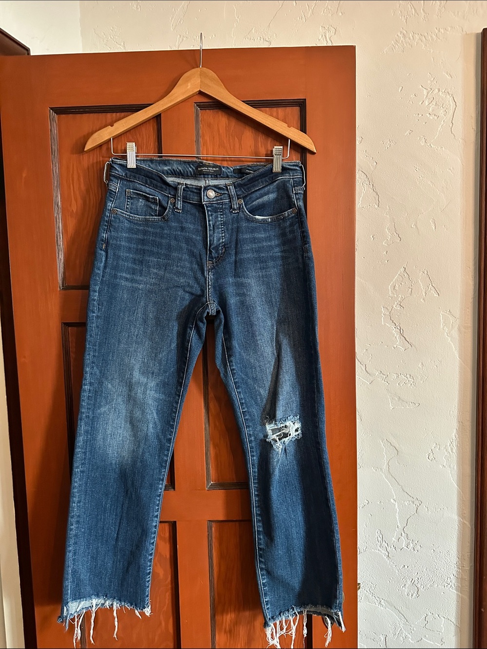 Banana Republic Girlfriend Dark Blue Straight Leg Jeans with Distressed Knee